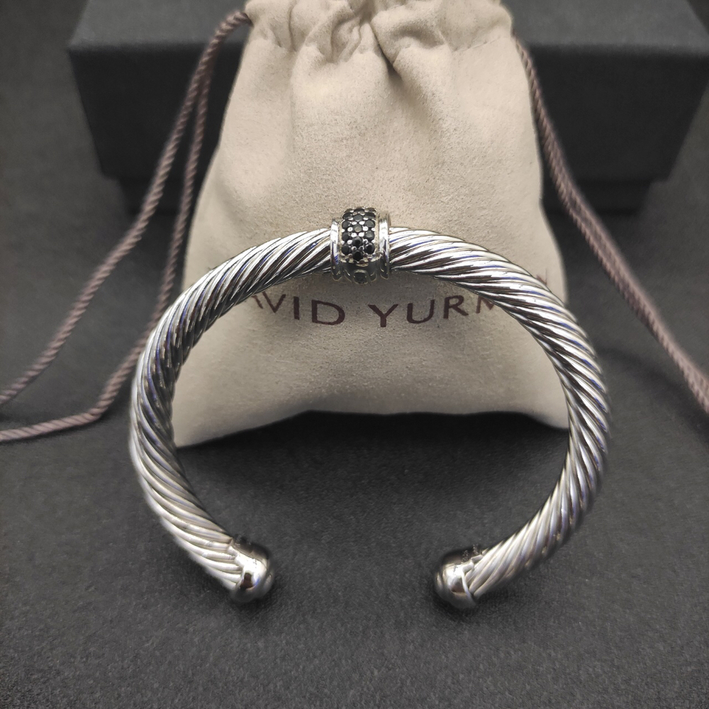 David Yurman 7mm Silver Beaded Black Diamond Bracelet - Picture 3 of 9